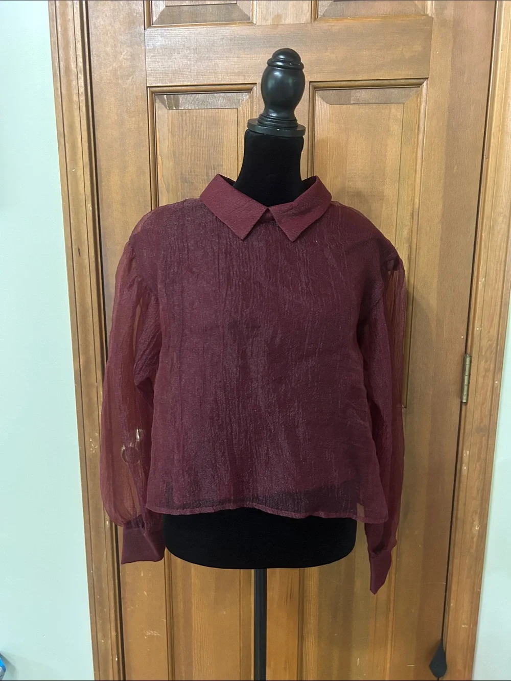 ZARA Burgundy Limited Edition Organza Puff Sleeve Sweater